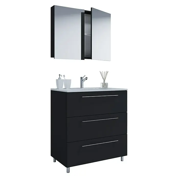 VCM Badinos Badmöbel-Set SPS - 60 cm, Schwarz, Farbe Waschbecken: Weiß - Elegantes Badezimmerensemble mit Waschbeckenunterschrank in Schwarz und einem Spiegelschrank, das modernes Design und Funktionalität vereint.