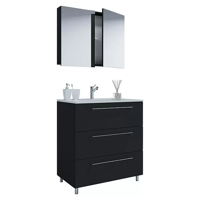 VCM Badinos Badmöbel-Set SPS60 cm, Schwarz, Farbe Waschbecken: Weiß