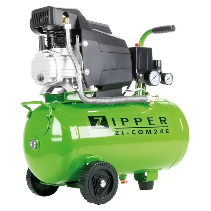Zipper Kompressor ZI-COM24E - Max. Druck: 8 bar, 24 l, Schmierung: Ölgeschmiert - Grüner, tragbarer Luftkompressor mit schwarzen Rädern, Griff und Manometern.