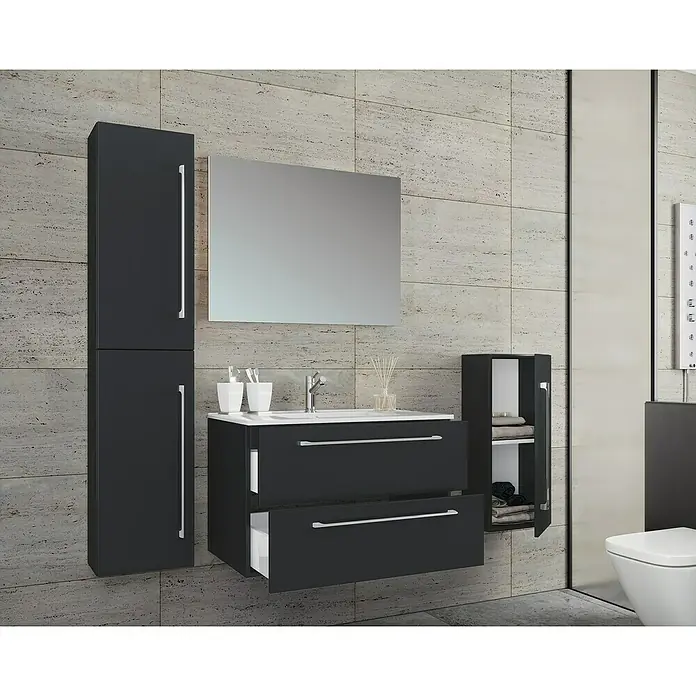 VCM Badinos Badmöbel-Set - 60 cm, Schwarz, 5 -tlg. - Badezimmer mit Waschtischunterschrank, Spiegelschrank, Hochschrank und Hängeschrank in anthrazitfarbenem Design für ein modernes Ambiente.