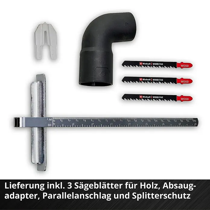 Einhell Professional Power X-Change 18V Akku-Pendelhubstichsäge TP-JST 18/135 Li BL - Solo - 18 V, Li-Ionen, Ohne Akku - Abbildung von Zubehör für Elektrowerkzeuge, darunter Sägeblätter, Absaugadapter, Parallelanschlag und Splitterschutz.