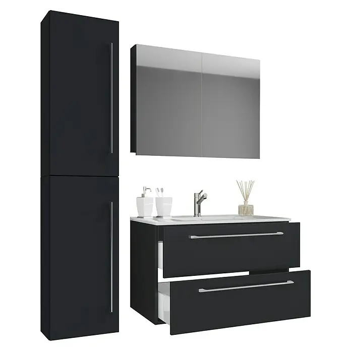 VCM Badinos Badmöbel-Set SPS - 61 cm, Schwarz - Badezimmerset mit hohem Schrank, Waschbeckenunterschrank mit Schubladen und Spiegelschrank in glänzendem Schwarz für ein elegantes Bad.