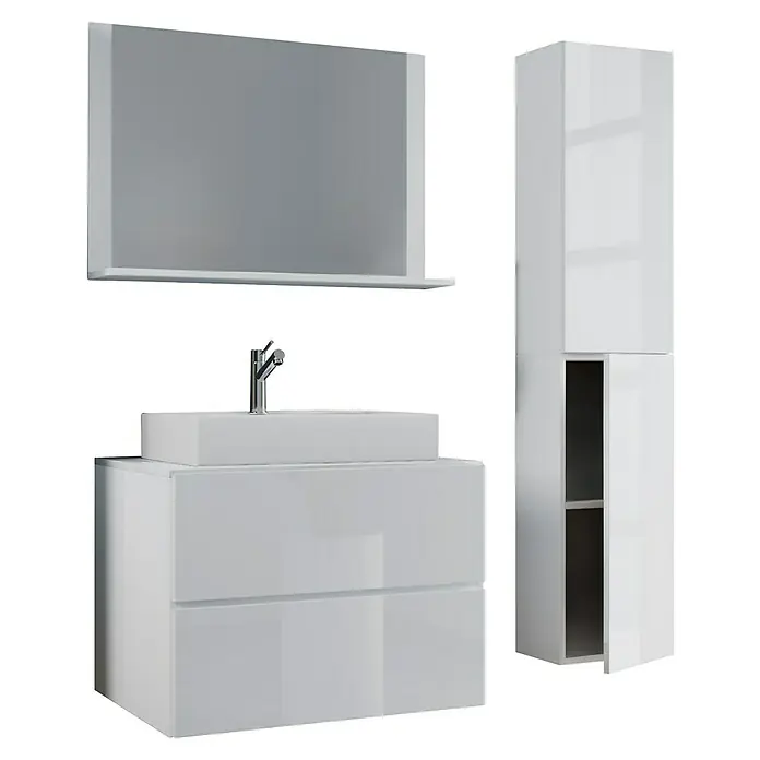 VCM Lendas Badmöbel-Set - 94 cm, Weiß - Modernes Badezimmer-Set in glänzendem Weiß mit Waschbeckenunterschrank, Spiegel und Hochschrank für stilvolle Badezimmergestaltung.