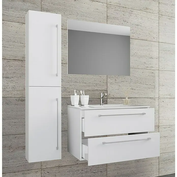VCM Badinos Badmöbel-Set - 61 cm, Weiß, 4 -tlg. - Modernes Badezimmer-Set in Weiß mit Waschbeckenunterschrank und Spiegelschrank für ein stilvolles Ambiente.