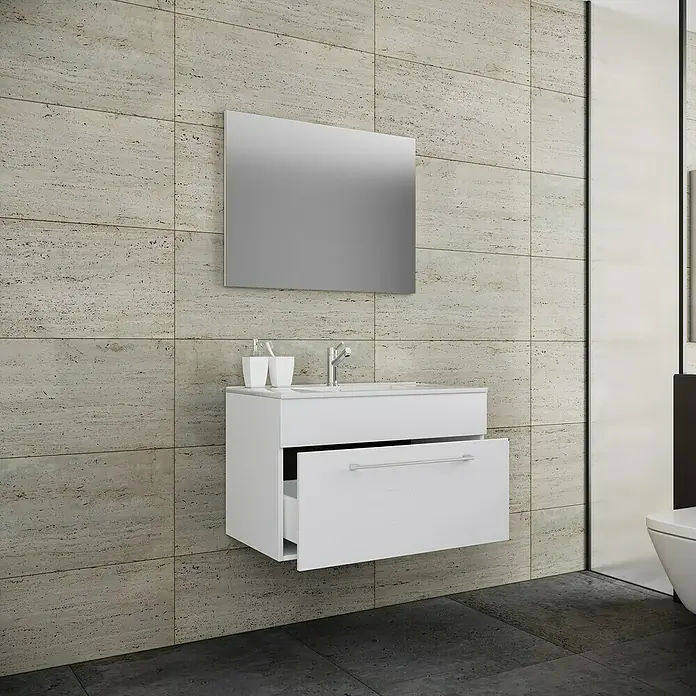 VCM Badinos Badmöbel-Set S1 - 80 cm, Weiß, 3 -tlg. - Das moderne, wandhängende Waschbecken mit Auszug und einem Spiegel darüber, ist die perfekte Lösung für jedes Badezimmer.