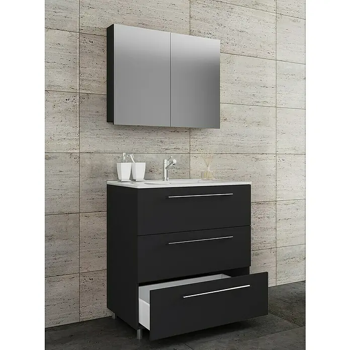 VCM Badinos Badmöbel-Set SPS60 cm, Schwarz, Farbe Waschbecken: Weiß - Modernes Badezimmer mit einem stilvollen, schwarzen Waschtisch mit Schubladen und einem passenden Spiegelschrank.