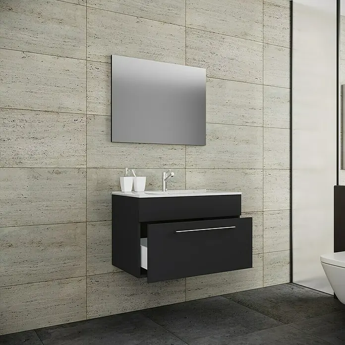 VCM Badinos Badmöbel-Set S1 - 60 cm, Schwarz, 3 -tlg. - Modernes Badezimmer-Waschbecken mit offenem Unterschrank und Spiegel, kombiniert Funktionalität mit elegantem Design für stilvolle Badezimmer.