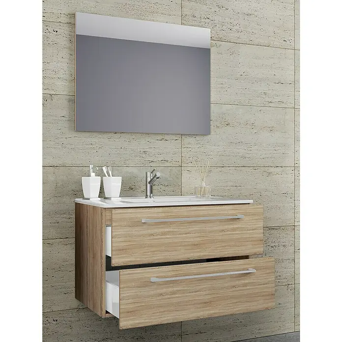 VCM Badinos Badmöbel-Set - 80 cm, Sonoma-Eiche, 3 -tlg. - Ein stilvolles Badezimmerwaschbecken mit zwei Schubladen in Holzoptik und einem passenden Spiegel an einer strukturierten Wand.