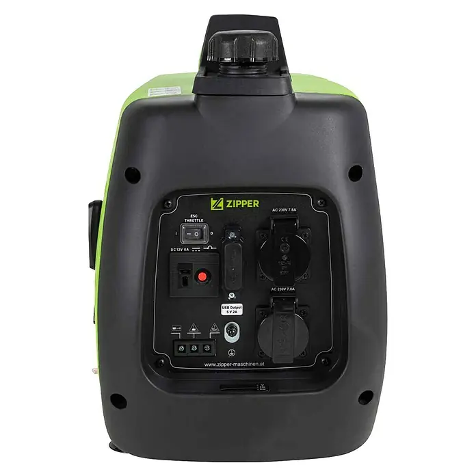 Zipper Stromerzeuger ZI-STE2000IV - 2,2 kW, Tankvolumen: 3,5 l - Nahaufnahme der Rückseite eines Zipper Stromerzeugers mit Bedienelementen, Steckdosen und USB-Anschluss für vielseitige Stromversorgung.