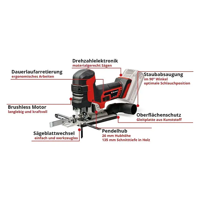 Einhell Professional Power X-Change 18V Akku-Pendelhubstichsäge TP-JST 18/135 Li BL - Solo - 18 V, Li-Ionen, Ohne Akku - Akku-Stichsäge von Einhell mit Dauersperre, Drehzahlregelung, bürstenlosem Motor, Staubabsaugung, Oberflächenschutz und werkzeuglosem Sägeblattwechsel.