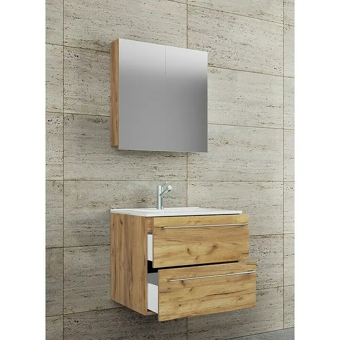 VCM Badinos Badmöbel-Set SPS - 60 cm, Honig-Eiche, 3 -tlg. - Modernes Badezimmer-Ensemble mit Waschtischunterschrank in Holzoptik und Spiegelschrank. Stilvolles Design für Ihr Bad.