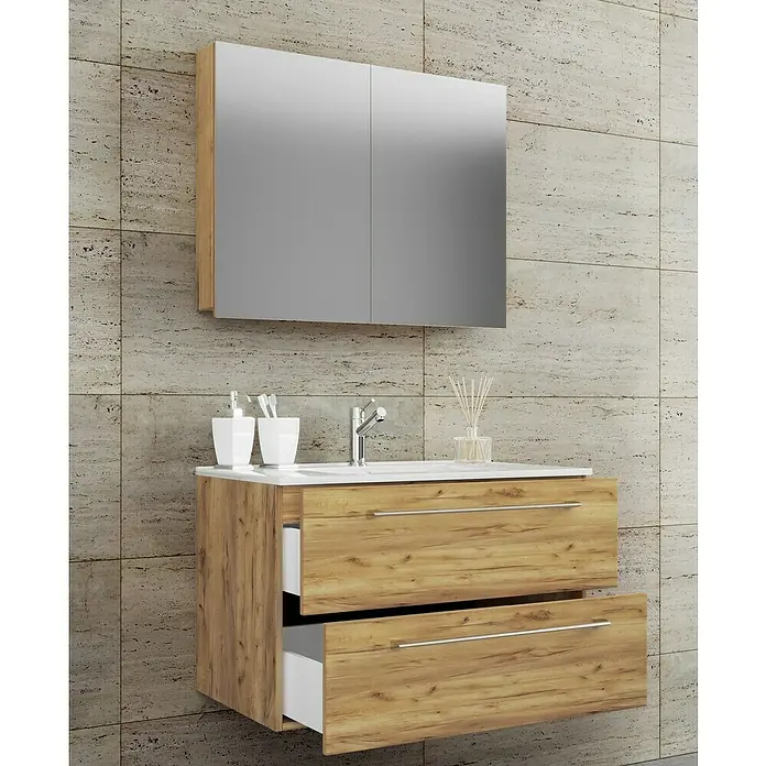 VCM Badinos Badmöbel-Set SPS - 80 cm, Honig-Eiche, 3 -tlg. - Modernes Badezimmer-Waschbecken mit Holzstruktur und Spiegel für stilvolle Badezimmergestaltung.