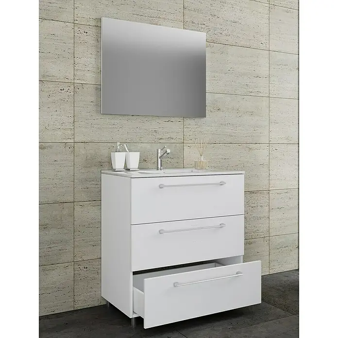 VCM Badinos Badmöbel-Set60 cm, Weiß, Farbe Waschbecken: Weiß - Ein stilvolles Badezimmer mit einem weißen Waschtisch mit Schubladen und einem passenden Spiegel.