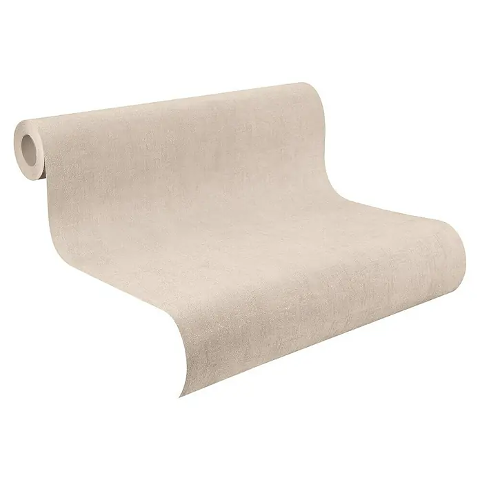 Rasch Vliestapete - Creme, Uni, 10,05 x 0,53 m, Schimmernd - Nahaufnahme einer Rolle beiger Tapete. Die Tapete ist aufgerollt und zeigt ihre Textur.