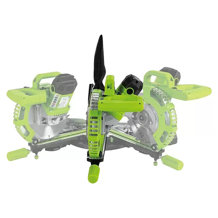 Zipper Kapp- & Gehrungssäge ZI-KGS210DS - 1.700 W, Durchmesser Sägeblatt: 210 mm, Leerlaufdrehzahl: 3.200 U/min - 4.500 U/min - Limettengrünes und schwarzes Elektrowerkzeug, eventuell eine Kappsäge, mit Staubfangbeutel.
