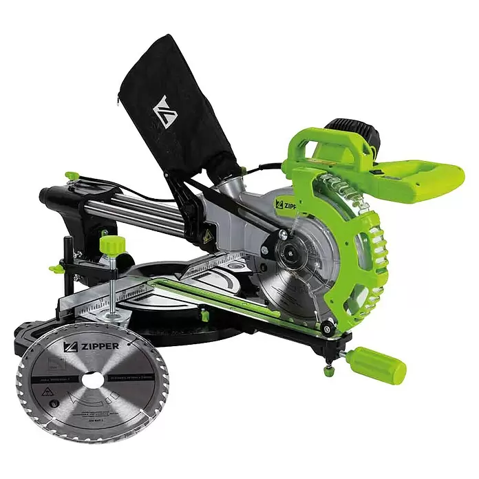 Zipper Kapp- & Gehrungssäge ZI-KGS210DS - 1.700 W, Durchmesser Sägeblatt: 210 mm, Leerlaufdrehzahl: 3.200 U/min - 4.500 U/min - Eine leuchtend grüne und silberne Gehrungssäge mit schwarzem Staubfangbeutel und zusätzlichem Sägeblatt.