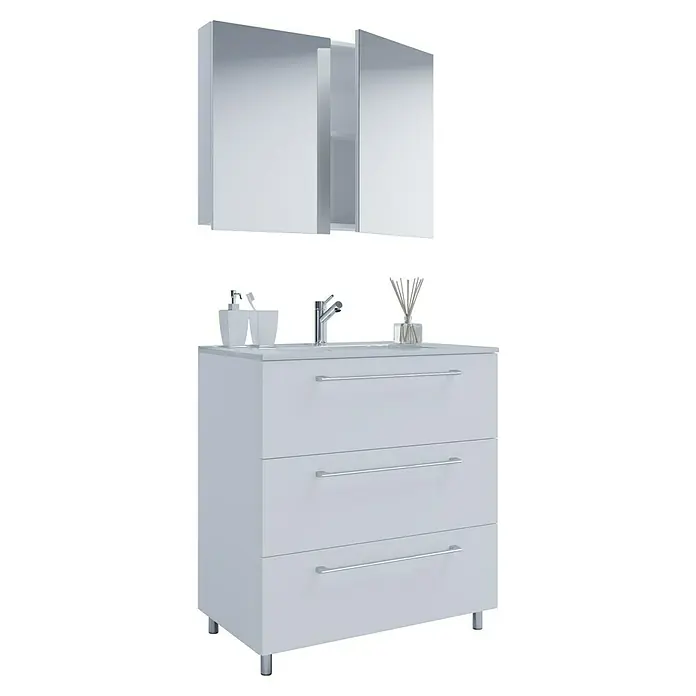 VCM Badinos Badmöbel-Set SPS - 60 cm, Weiß, Farbe Waschbecken: Weiß - Das Bild zeigt einen weißen Badezimmerschrank mit drei Schubladen, Waschbecken, Armatur und einem Spiegelschrank an der Wand.