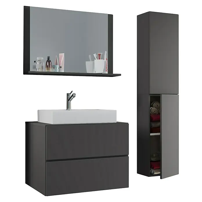 VCM Lendas Badmöbel-Set - 114 cm, Anthrazit - Badmöbel-Set in Grautönen mit Waschtisch, Spiegelschrank und Hochschrank, ideal für ein modernes Badezimmer. Elegantes Design für stilvolle Badezimmerausstattung.