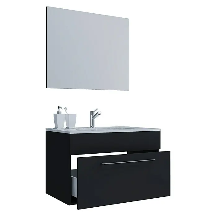 VCM Badinos Badmöbel-Set S1 - 60 cm, Schwarz, 3 -tlg. - Elegantes Badezimmerset mit schwarzem Waschtischunterschrank, weißem Waschbecken und rechteckigem Spiegel für ein modernes Ambiente.