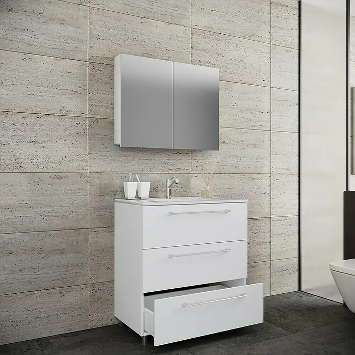 VCM Badinos Badmöbel-Set SPS - 80 cm, Weiß, Farbe Waschbecken: Weiß - Elegantes Badezimmer-Waschbecken mit Spiegel. Der weiße Unterschrank mit Schubladen bietet Stauraum und das moderne Design passt perfekt.