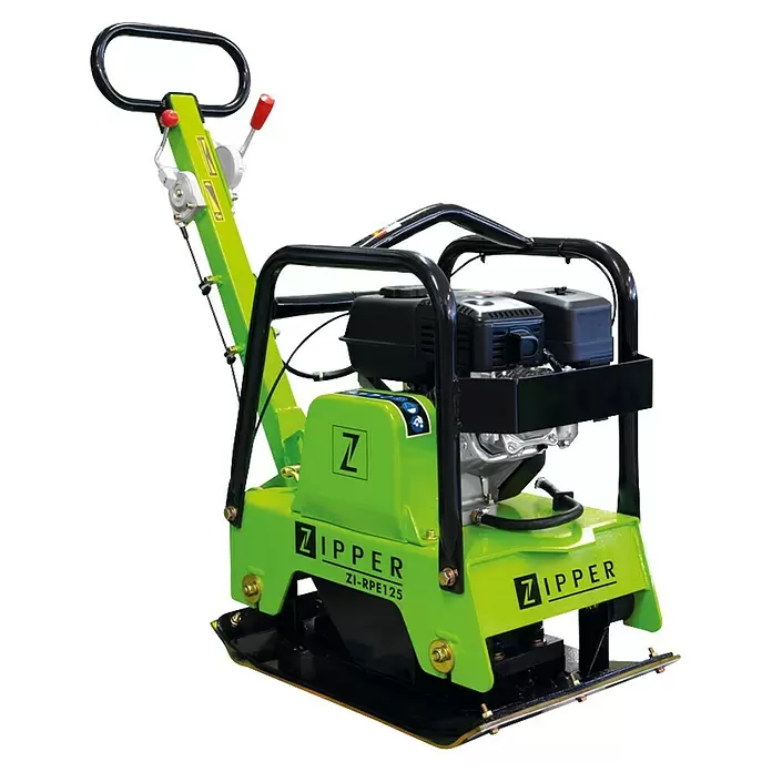 Zipper Rüttelplatte ZI-RPE125 - 4,1 kW, Tankvolumen: 3,6 l - Grüner und schwarzer Plattenverdichter mit schwarzem Griff, Motor und Basis zur Bodenverdichtung.
