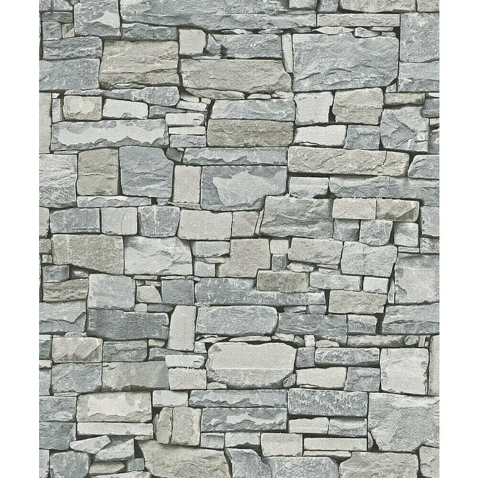 Rasch Vliestapete - Grau, Steinoptik, 10,05 x 0,53 m - Graue Steinwand-Tapete mit einem unregelmäßigen Muster aus verschiedenen Steingrößen und -formen, die eine rustikale Optik erzeugt.