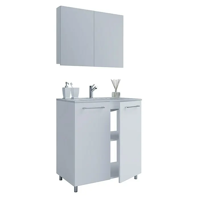 VCM Badinos Badmöbel-Set SPS - 60 cm, Weiß, Farbe Waschbecken: Weiß, Glänzend - Ein weißer Badezimmerschrank mit Waschbecken und einem Hängeschrank darüber, ideal für ein modernes Badezimmerdesign.