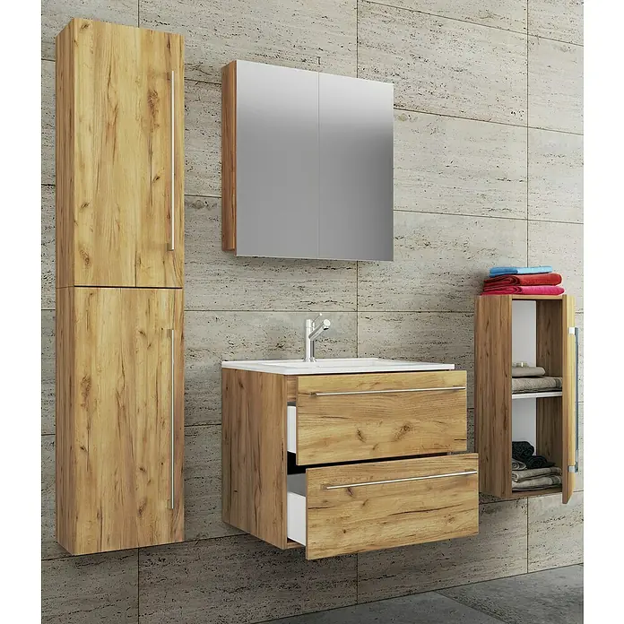VCM Badinos Badmöbel-Set SPS - 126 cm, Honig-Eiche - Badezimmer-Set mit Holzschränken, Waschbeckenunterschrank mit Schubladen, Spiegelschrank und Handtuchregal für ein stilvolles Bad.