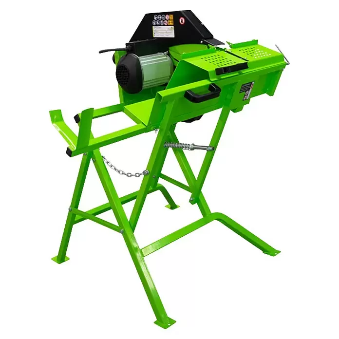 Zipper Wippkreissäge ZI-WP400TN - Durchmesser Sägeblatt: 405 mm - Hellgrüne elektrische Wippsäge mit stabilem Metallständer und Wiege zum Brennholzschneiden.