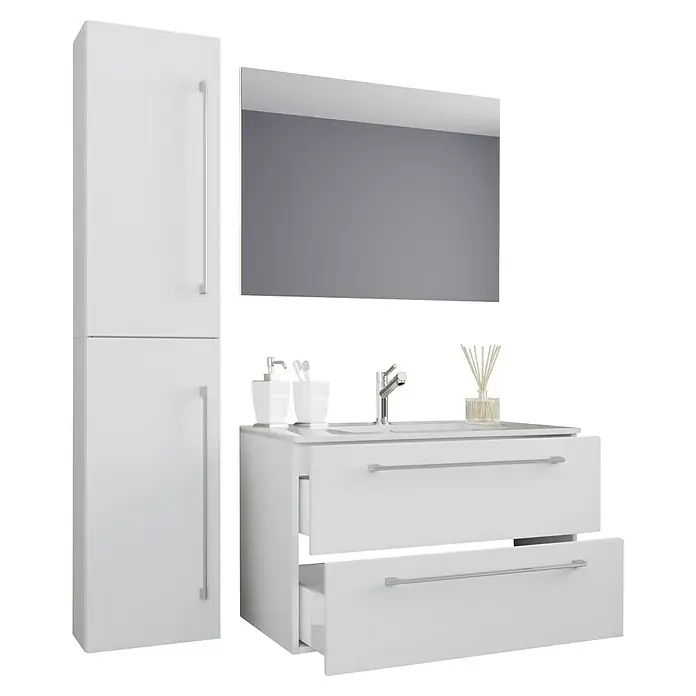 VCM Badinos Badmöbel-Set - 61 cm, Weiß, 4 -tlg. - Badezimmermöbel-Set: Moderner Waschtisch mit zwei Schubladen, Spiegelschrank und Hochschrank in strahlendem Weiß für ein stilvolles Badambiente.
