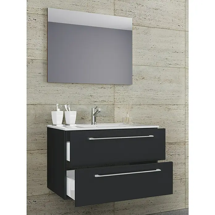 VCM Badinos Badmöbel-Set - 60 cm, Schwarz, 3 -tlg. - Modernes Badezimmer mit schwarzem Unterschrank und großem Spiegel, das Design und Funktionalität vereint.