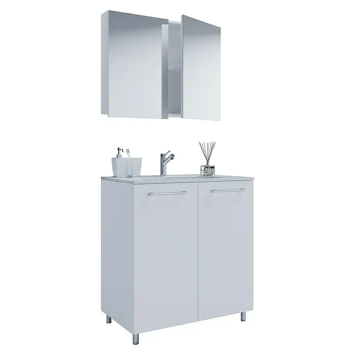 VCM Badinos Badmöbel-Set SPS - 60 cm, Weiß, Farbe Waschbecken: Weiß, Glänzend - Badezimmermöbel-Set mit weißem Waschtischunterschrank, Waschbecken, Armatur, Seifenspender und Spiegelschrank mit praktischem Stauraum.