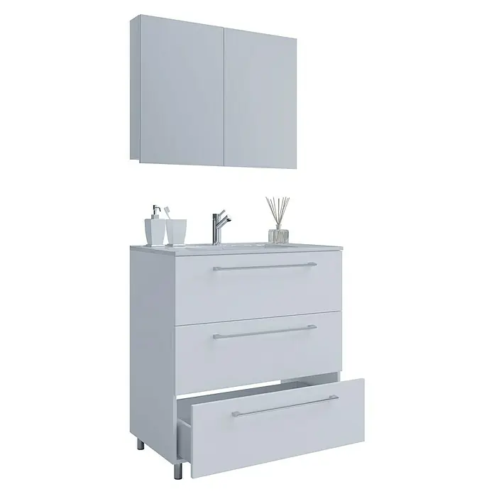 VCM Badinos Badmöbel-Set SPS - 80 cm, Weiß, Farbe Waschbecken: Weiß - Das moderne Badezimmermöbel-Set in Weiß mit Waschbeckenunterschrank, Schubladen und Spiegelschrank bietet stilvollen Stauraum.