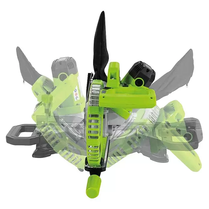 Zipper Kapp- & Gehrungssäge ZI-KGS210DS - 1.700 W, Durchmesser Sägeblatt: 210 mm, Leerlaufdrehzahl: 3.200 U/min - 4.500 U/min - Grün-schwarzer Elektro-Hochentaster-Aufsatz in verschiedenen dynamischen Positionen, betont seine Vielseitigkeit.