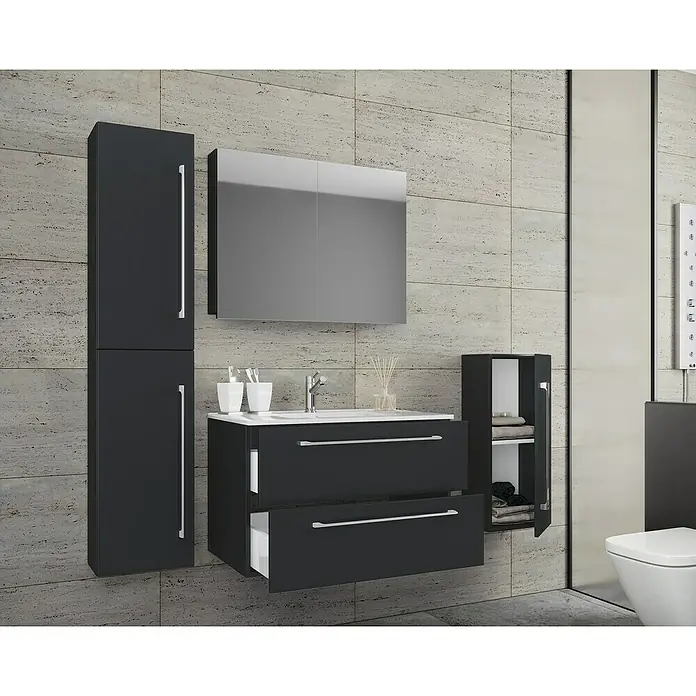 VCM Badinos Badmöbel-Set SPS - 146 cm, Schwarz - Bild eines modernen Badezimmers mit einem schwarzen Waschtisch mit Schubladen, Spiegelschrank und Hochschrank vor einer grauen Wand.