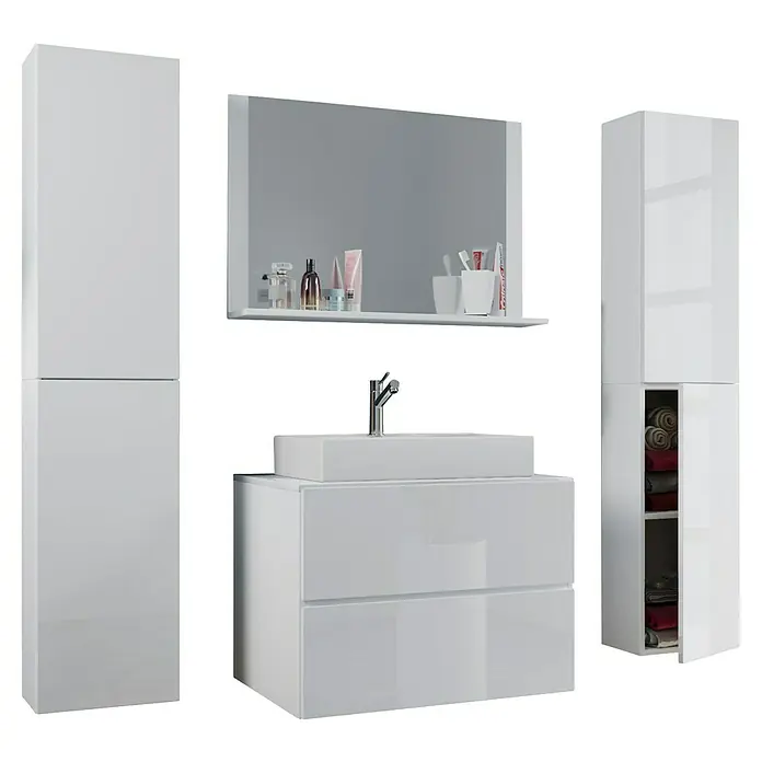VCM Lendas Badmöbel-Set - 147 cm, Weiß - Hochglanz-Badezimmermöbelset in Weiß mit Waschtisch, Spiegel und Hochschränken für ein modernes Ambiente.