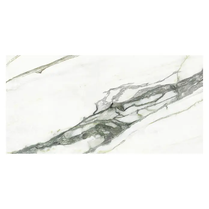 Feinsteinzeugfliese Calacatta - 60 x 120 cm, Weiß/Grün, Glänzend - Detailansicht einer polierten Calacatta-Marmorfliese mit grauen und goldenen Adern auf weißem Grund. Ideal für elegante Innenräume.