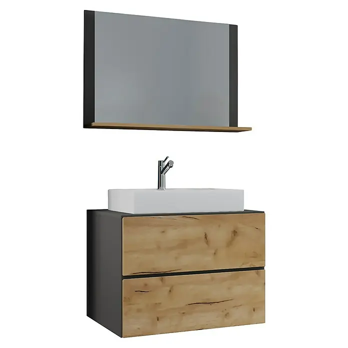VCM Lendas Badmöbel-Set - 80 cm, Anthrazit/Honig-Eiche - Moderner Waschtisch mit Spiegel. Das graue Möbelstück verfügt über Schubladen in Holzoptik und ein rechteckiges Waschbecken.
