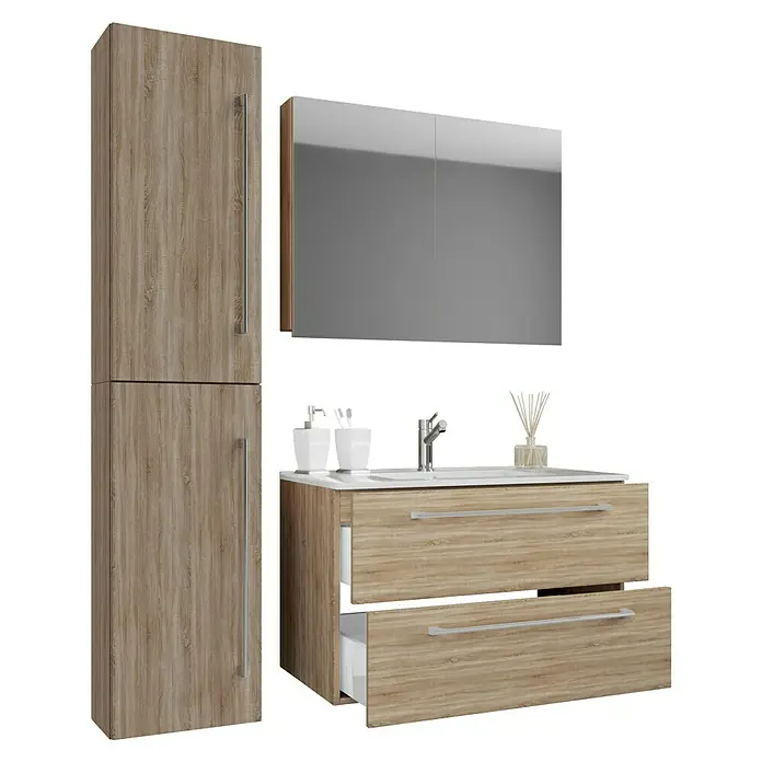 VCM Badinos Badmöbel-Set SPS - 61 cm, Sonoma-Eiche - Modernes Badezimmerset mit Hochschrank, Waschtischunterschrank und Spiegelschrank in Holzoptik. Stilvolles Design für Ihr Bad.