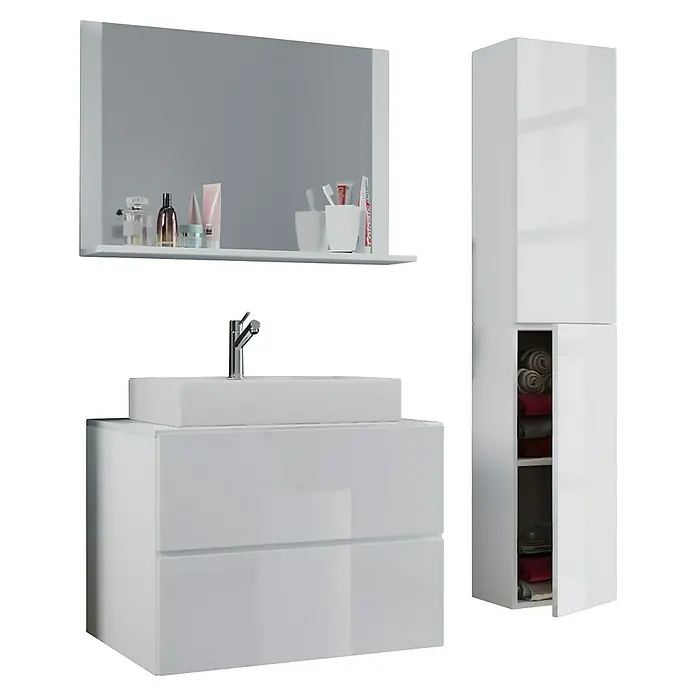 VCM Lendas Badmöbel-Set - 94 cm, Weiß - Badezimmermöbel-Set mit Waschbeckenunterschrank, Spiegel und Hochschrank in strahlendem Weiß. Stilvolle Badgestaltung für modernes Ambiente.