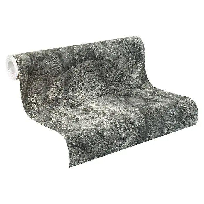 Rasch Vliestapete Crispy Paper Elefant - Grau, Tieroptik, 10,05 x 0,53 m - Eine Rolle Fototapete mit einem faszinierenden Steinskulptur-Design, das jedem Raum eine elegante und künstlerische Note verleiht.