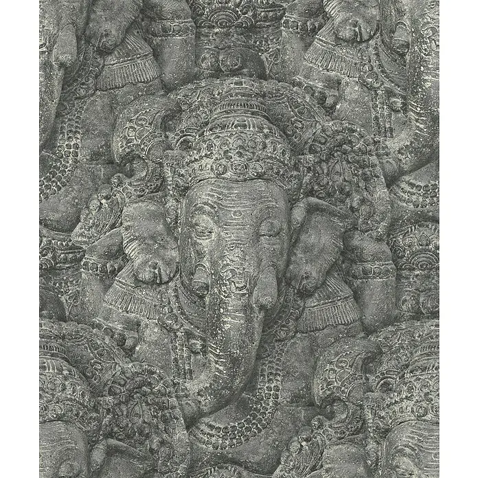 Rasch Vliestapete Crispy Paper Elefant - Grau, Tieroptik, 10,05 x 0,53 m - Steinskulptur von Ganesha, detaillierte Darstellung des Hindu-Gottes mit Elefantenkopf, reich verziert und voller spiritueller Symbolik.
