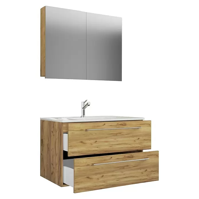 VCM Badinos Badmöbel-Set SPS - 80 cm, Honig-Eiche, 3 -tlg. - Hölzerner Badezimmerschrank mit weißem Waschbecken, Chromarmatur, passendem Spiegelschrank und geöffneten Schubladen.