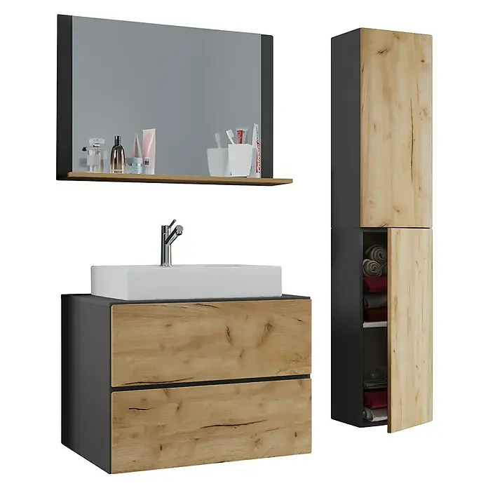 VCM Lendas Badmöbel-Set - 114 cm, Anthrazit/Honig-Eiche - Moderne Badezimmerkombination mit Waschtischunterschrank, Spiegel und Hochschrank in Holzoptik. Stilvolles Design für Ihr Bad.