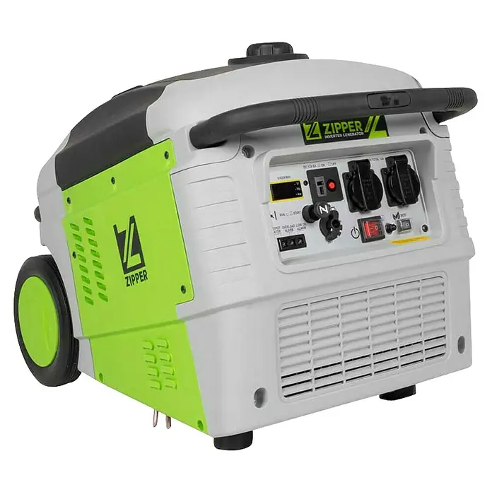 Zipper Stromerzeuger ZI-STE3000IV - 3 kW, Tankvolumen: 10 l - Tragbarer Zipper Inverter Stromerzeuger mit grünem und grauem Gehäuse, ideal für den mobilen Einsatz.