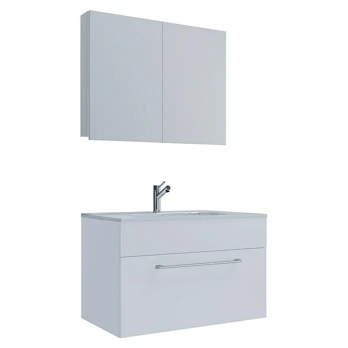 VCM Badinos Badmöbel-Set SPS - 80 cm, Weiß - Ein modernes Badezimmer-Waschbecken mit Unterschrank und Spiegelschrank in Weiß. Elegantes Design für stilvolle Badezimmer.