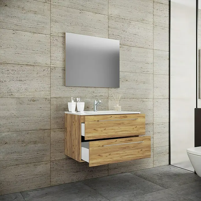 VCM Badinos Badmöbel-Set - 80 cm, Honig-Eiche, 3 -tlg. - Badezimmermöbel mit Waschbecken, Spiegel und zwei Schubladen in Holzoptik für ein modernes Bad.