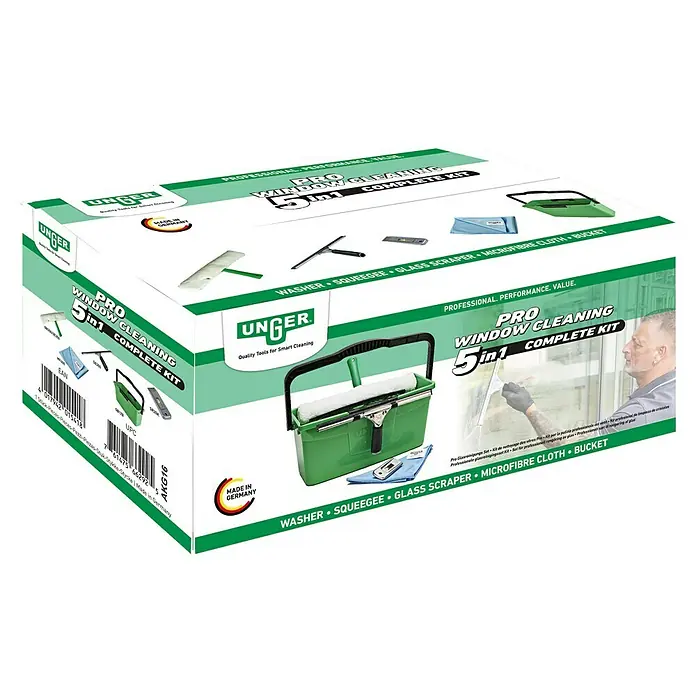 Unger Professional Glasreinigungs-Set Pro Window Cleaning 5in1 Complete Kit - 5 -tlg. - Produktabbildung: Unger Pro Fensterreinigungsset 5in1 Komplett-Set für professionelle Fensterreinigung mit Wascher, Abzieher, Schaber, Tuch und Eimer.