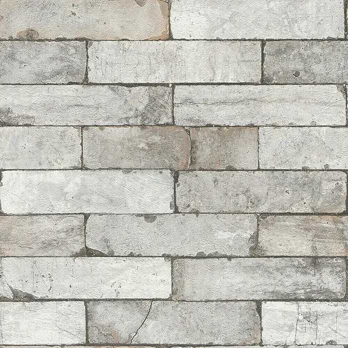 Rasch Vliestapete Factory 2 - Creme, Steinoptik, 10,05 x 0,53 m - Graue Ziegelsteinmauer mit einem rustikalen und strukturierten Aussehen, ideal für einen industriellen oder Vintage-Look.