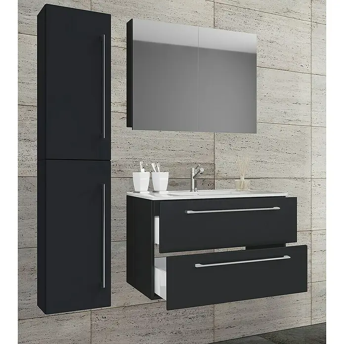 VCM Badinos Badmöbel-Set SPS - 61 cm, Schwarz - Badezimmermöbel-Set in Schwarz mit Waschbecken, Spiegel und Hochschrank. Modernes Design für ein stilvolles Badezimmer.